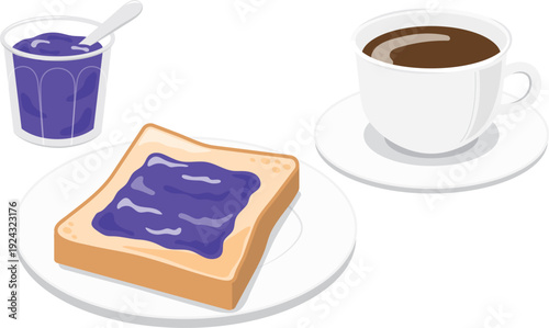 ブルーベリージャムトーストとコーヒーの朝食セット モーニングイラスト