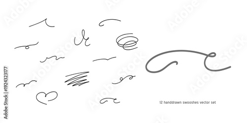 Calligraphy collection of wavy swooshes. Hand drawn swash, emphasis, line shape. Typographic extension simple stroke underline decoration for text, logo. Minimalist letter tail isolated elements