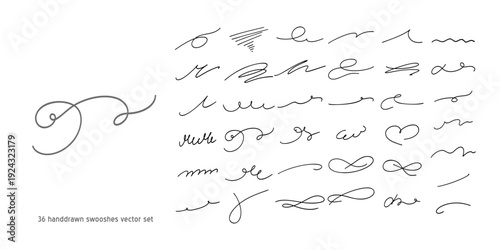 Calligraphy collection of wavy swooshes. Hand drawn swash, emphasis, line shape. Typographic extension simple stroke underline decoration for text, logo. Minimalist letter tail isolated elements