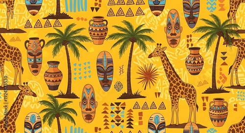 Vibrant African Tribal Pattern With Giraffes Palm Trees And Masks On Yellow Background For Cultural Design