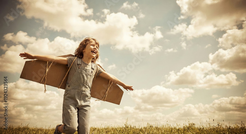 Happy child playing in toy airplane wings against the background of the summer sky. Cardboard airplane wings are attached to the child's shoulders, a child aged eight to ten years. Happy childhood