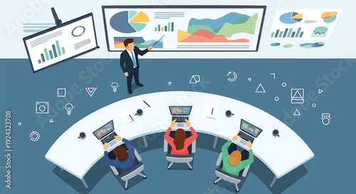 Business meeting vector illustration with presentation and graphs