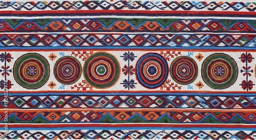 Vibrant Traditional Textile Pattern With Colorful Circles And Stripes On White Background For Fashion And Design Concepts