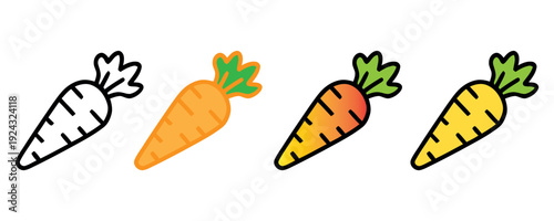 Four cartoon carrots with faces and arms celebrating harvest festival in vibrant colors