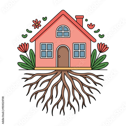 Illustrated house with roots and flowers in colorful design  