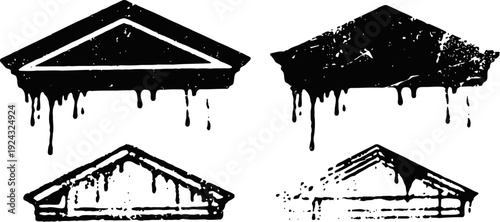 Four grunge building pediments black distressed paint splash architectural ornamental details with paint drips