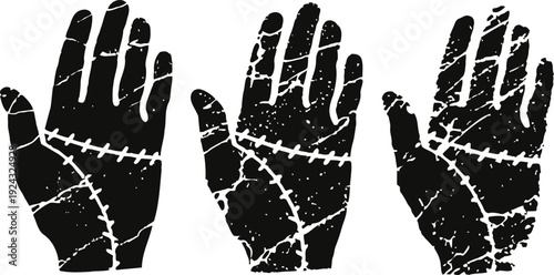 grungy stitched hands silhouette set vintage textured palms with sewn scars and patchwork design