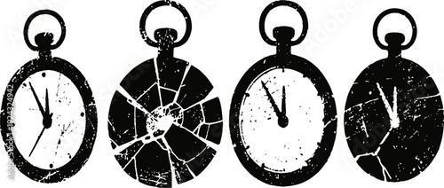 vintage pocket watches with cracked glass illustrations in black and white