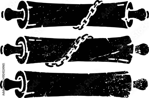 Ancient scrolls with chained locks, vintage parchment manuscript illustration set for historical documents