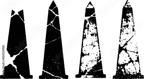 Ancient broken obelisks silhouettes with cracks and missing pieces isolated on white background