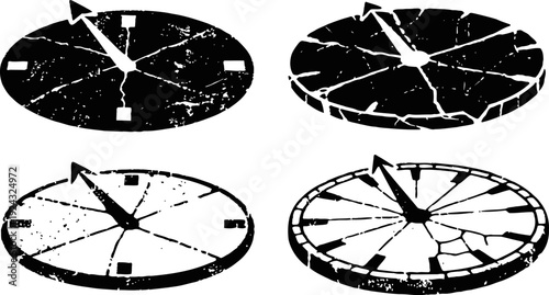 Worn and cracked vintage wall clocks set showing different times with distressed texture