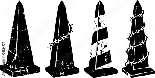 Black and white distressed grunge traffic cones with barbed wire isolated on white background