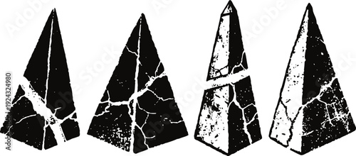 Abstract cracked black pyramid shapes set geometric fragmented forms with texture