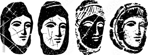ancient stone carved busts of four female faces in black background, history and archaeology concept