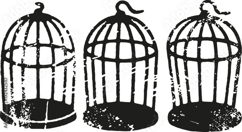 Three vintage birdcages silhouetted in black with distressed textured details on white background