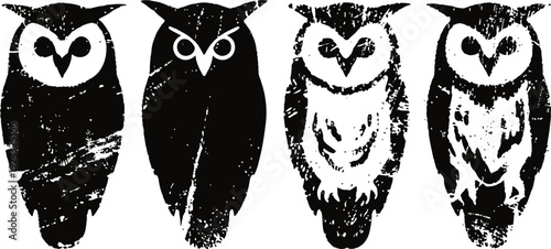 four stylized tribal owl silhouettes with textured black ink patterns on white background