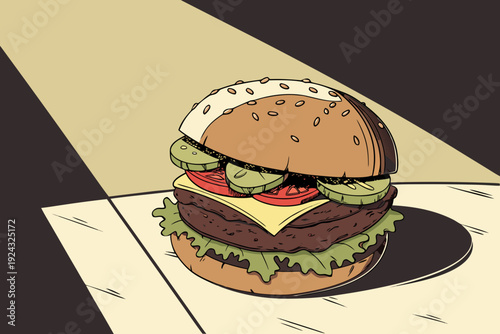 Classic American Cheeseburger Illustration in Retro Style.