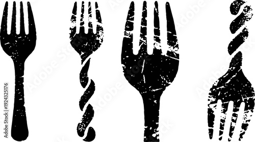 distressed black fork silhouettes with twisted and textured design isolated on white background