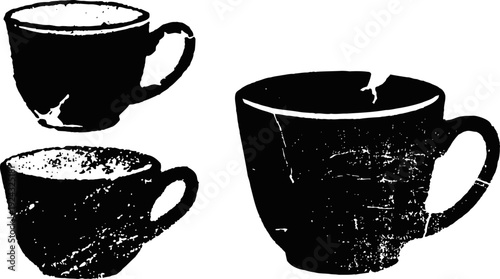 Three black and white coffee cup silhouettes with textured grunge effect isolated on white