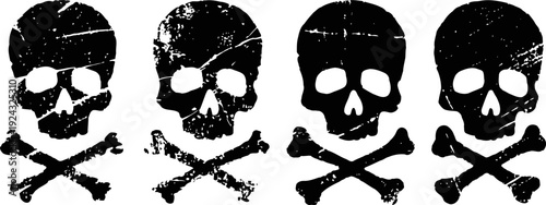 grunge skull and crossbones symbols in a row with distressed texture and vintage