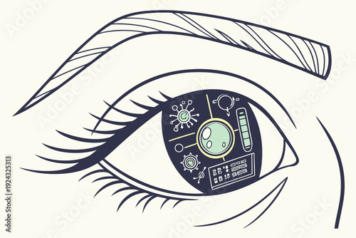 Futuristic Human Eye with Digital Interface and Data Display.