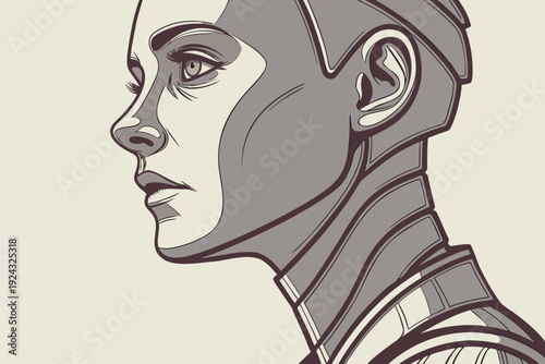 Futuristic Cyborg Woman Profile Illustration with AI Technology Elements.