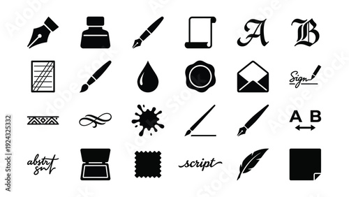 Black Calligraphy Icons Set Isolated on White Background