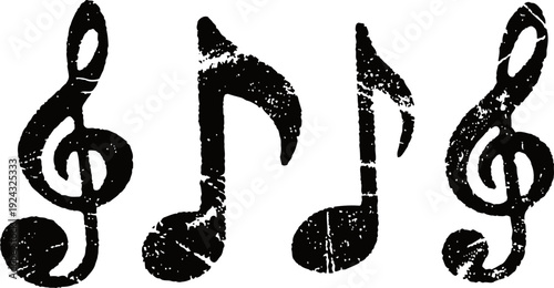 Vintage grunge musical notes and treble clefs set retro symbols with distressed texture, sound and melody concept