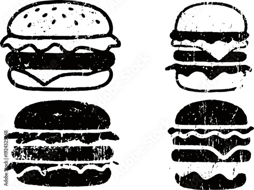 Grunge cheeseburger icons set with lettuce, tomato, and multiple layers in black silhouette