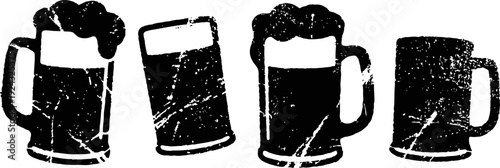 Vintage distressed beer mugs and glasses set with frothy foam, black silhouette illustration