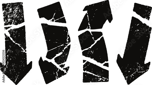 Grunge cracked arrows vector set with textured distressed design and rough edgy elements