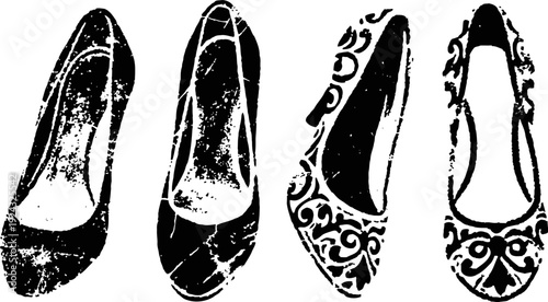 four stylish women's ballet flats in black and white with different patterns and designs