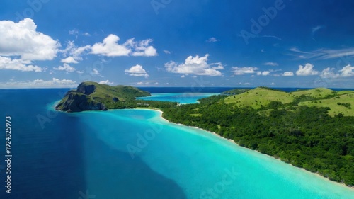 Tropical island paradise: pristine waters, lush greenery, clear skies.