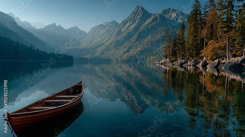 Serene Lake Reflection with a Wooden Boat at Dawn