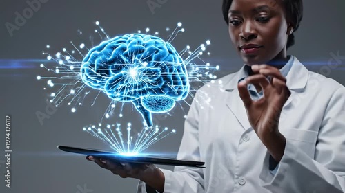 Black scientist uses tablet to activate and evolve a glowing holographic human brain