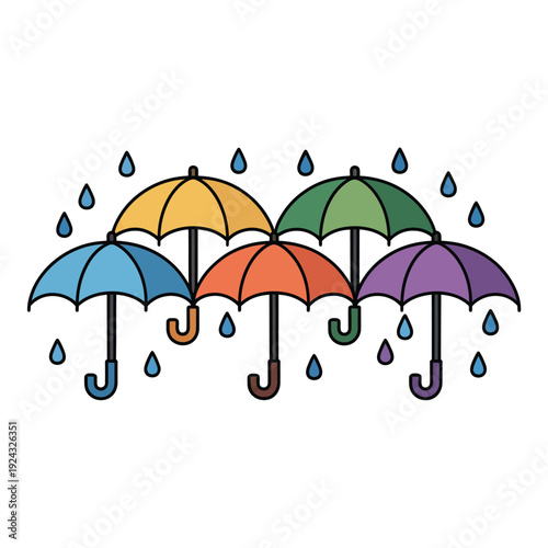 Colorful umbrellas protect against the falling rain.