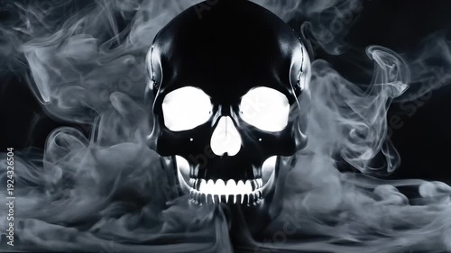 Black skull with glowing eyes and teeth engulfed by swirling white smoke on a dark background
