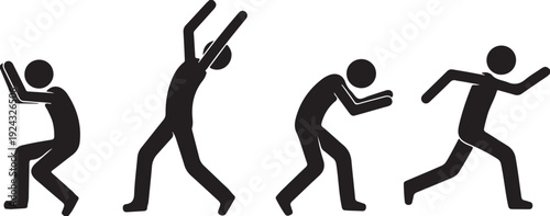 tick figure man vector icon set showing vsarious dynamic actions including crouching stretching reaching and running for fitness movement and physical activity.
