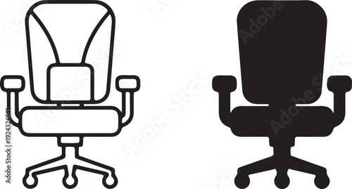  Two office chairs in black and white line art on a clean white background.