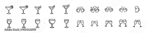 Alcohol and cocktail glass line icon set with margarita, martini, wine toast, beer mug, champagne flute, celebratory cheers, party beverage more vector illustration editable stroke.