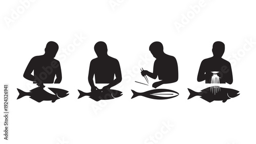 Silhouette Of People Preparing Fish On White Background Vector Illustration For Food And Cuisine Concept