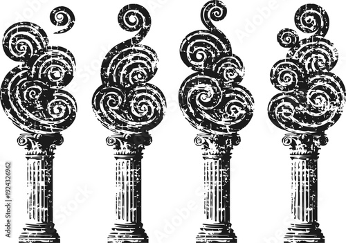 set of four ancient classical columns with ornate spiral volute capitals in black and white grunge