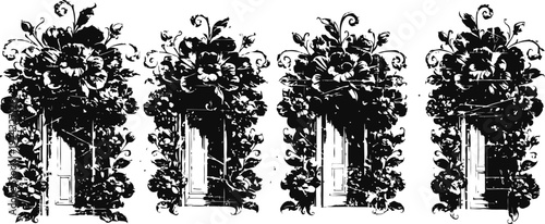 vintage ornate black and white floral frame with leaves and flowers in symmetrical design