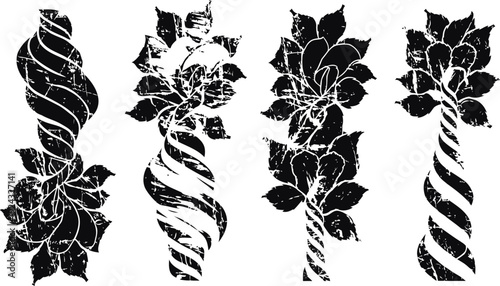 Vintage twisted floral ribbons with leaves, distressed black botanical design elements set