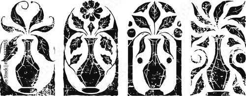 Ancient floral vase motifs in black and white with decorative botanical elements and ornate design