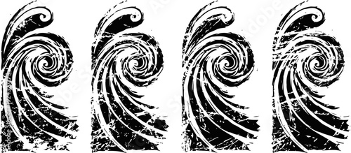 Abstract black and white ocean wave illustrations with grunge texture and dynamic swirl patterns