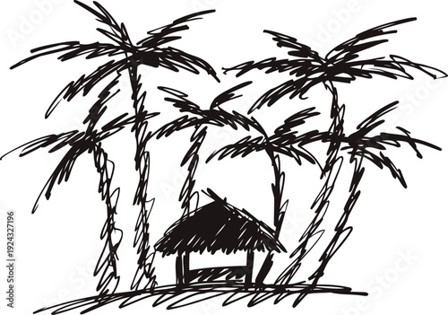 Tropical palm trees with hut silhouette sketch beach vacation island relaxation nature scene drawing