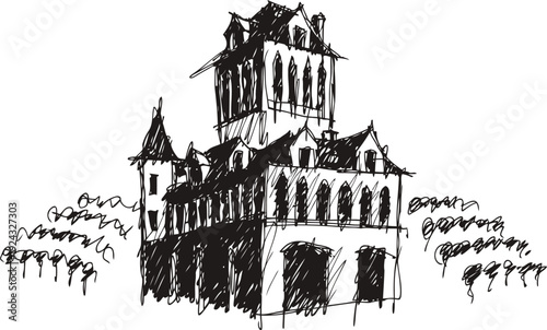 Hand drawn sketch of a historic castle with multiple towers and surrounding trees