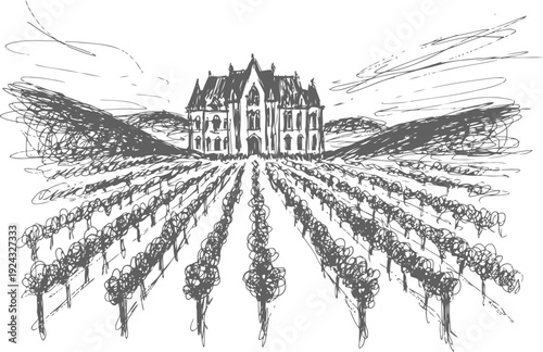 Elegant vineyard estate with rows of grapevines extending towards a grand chateau building