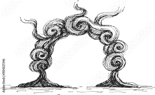 Whimsical black ink smoke plume arch with swirling curls rising from dual bases on white